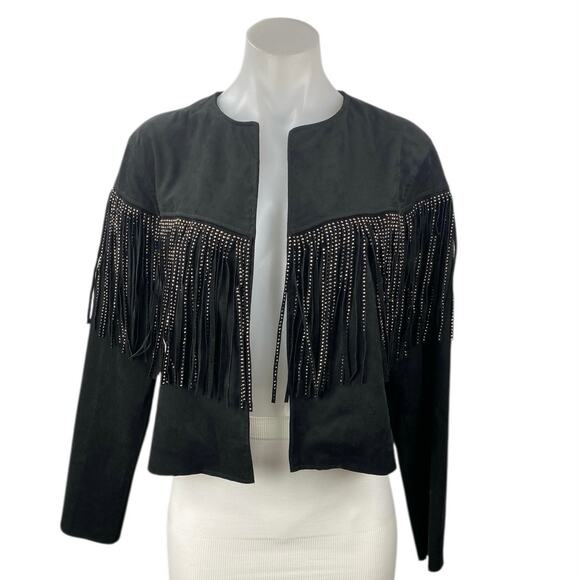 Zara Women's Black Faux Leather Suede Rhinestone Fringe Cropped Jacket Size S - Picture 1 of 6